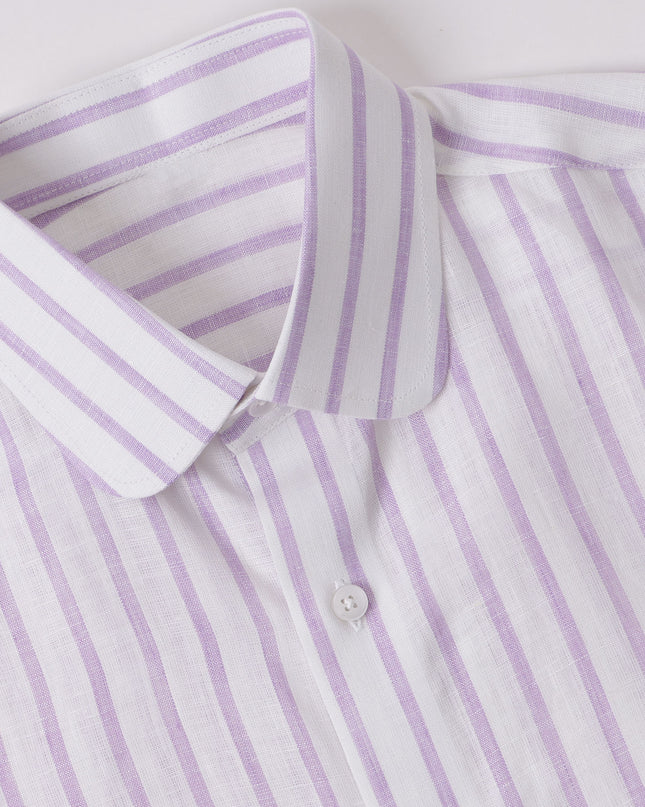 White & Lavender Striped Premium Pure Linen Shirt Classic Fit, Made in UAE-D22005