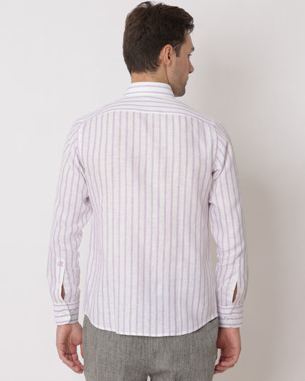 قميص من الكتان الخالص الفاخر مخطط باللونين الأبيض والأرجواني، بقصّة كلاسيكية، صنع في الإمارات العربية المتحدة - D22005