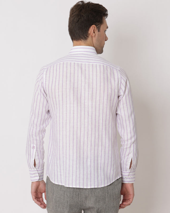 White & Lavender Striped Premium Pure Linen Shirt Classic Fit, Made in UAE-D22005