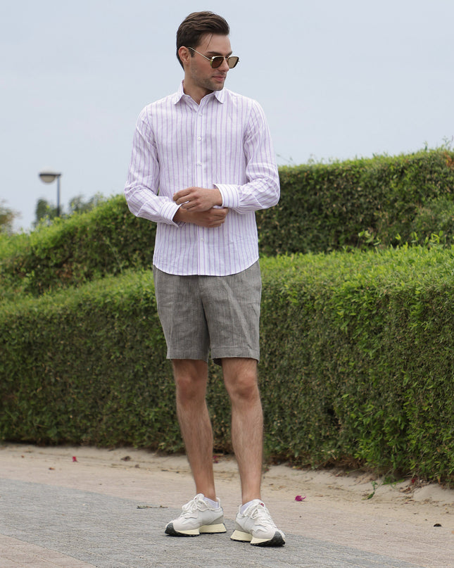 White & Lavender Striped Premium Pure Linen Shirt Classic Fit, Made in UAE-D22005