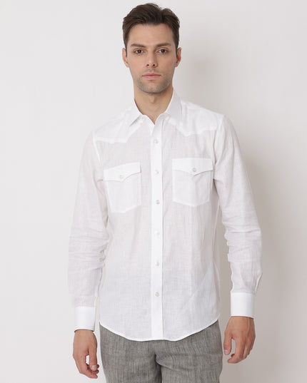 قميص كتان أبيض نقي فاخر بقصة كلاسيكية، صنع في الإمارات العربية المتحدة - D22006