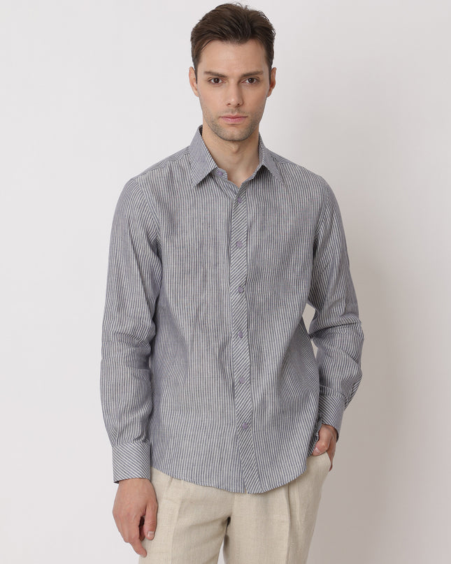 Slate Grey & White Striped Premium Pure Linen Shirt Classic Fit, Made in UAE-D22008