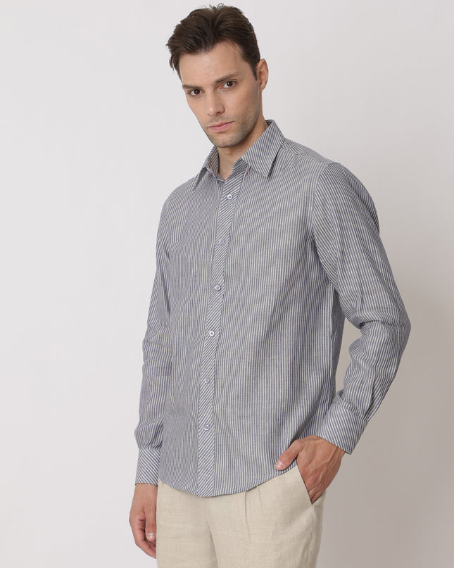 Slate Grey & White Striped Premium Pure Linen Shirt Classic Fit, Made in UAE-D22008