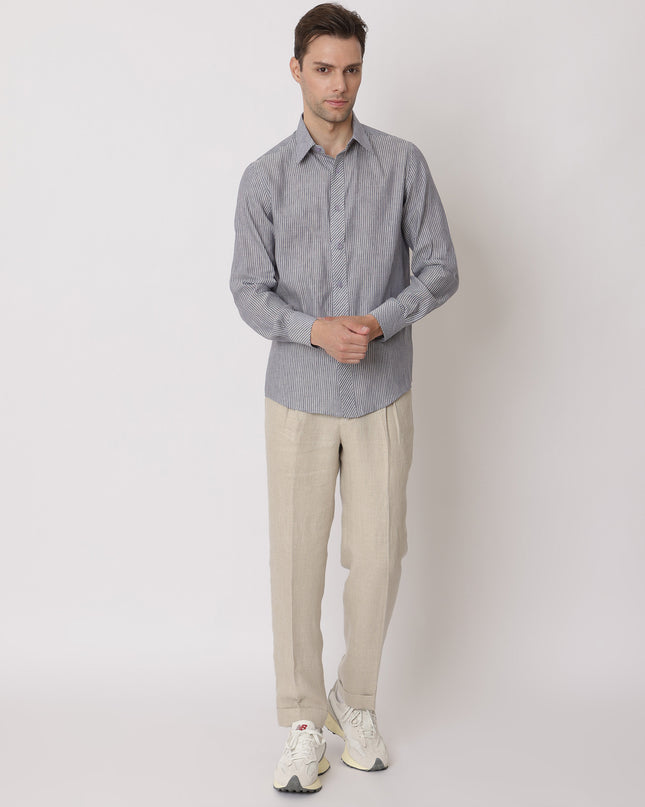 Slate Grey & White Striped Premium Pure Linen Shirt Classic Fit, Made in UAE-D22008