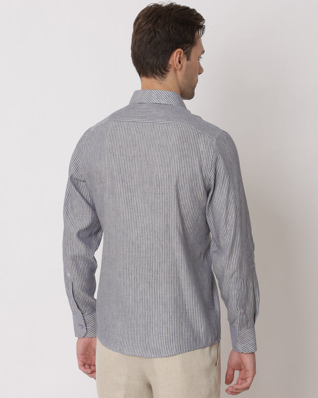Slate Grey & White Striped Premium Pure Linen Shirt Classic Fit, Made in UAE-D22008