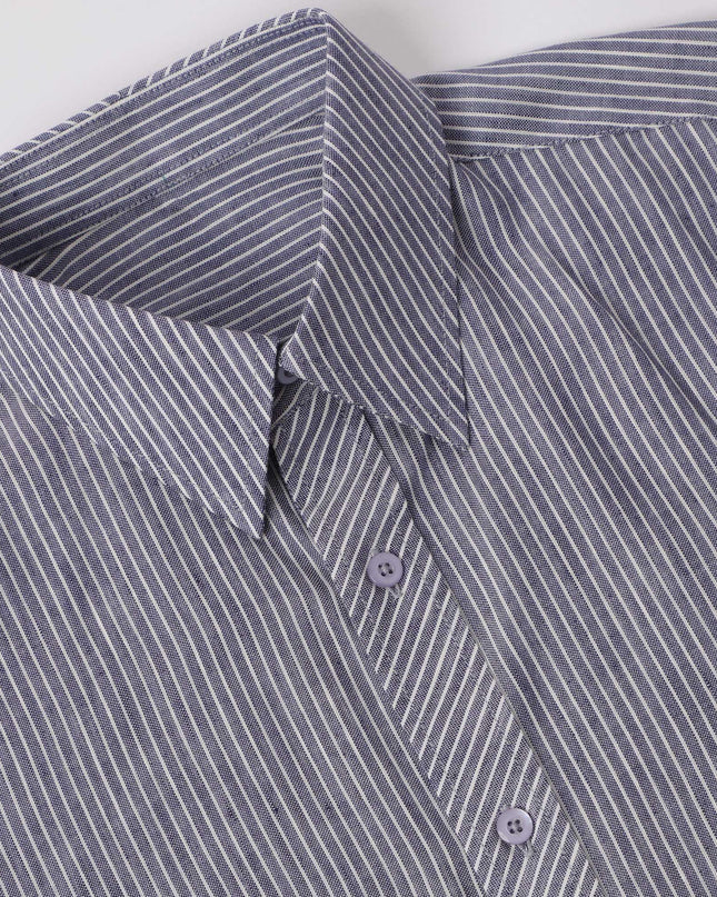 Slate Grey & White Striped Premium Pure Linen Shirt Classic Fit, Made in UAE-D22008