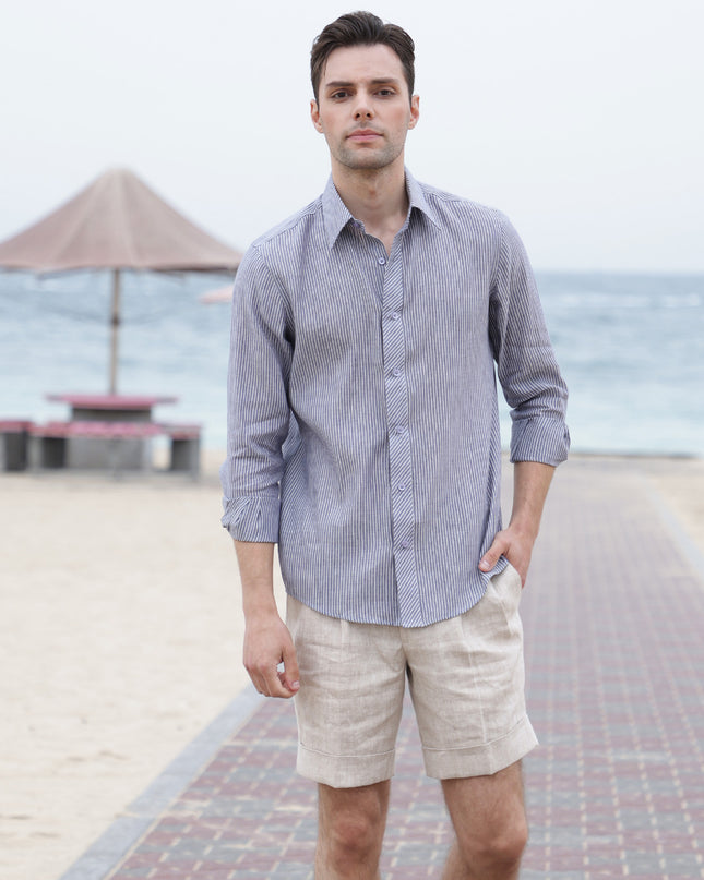 Slate Grey & White Striped Premium Pure Linen Shirt Classic Fit, Made in UAE-D22008