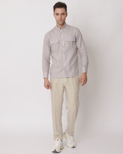 قميص من الكتان النقي الفاخر بلون أرجواني فاتح، بياقة صينية، صنع في الإمارات العربية المتحدة - D22009