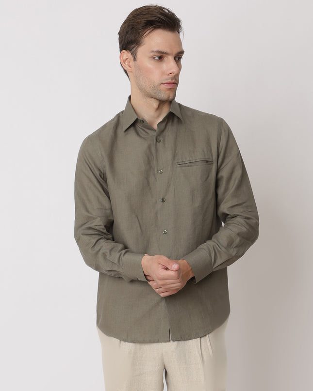 Olive Green Premium Pure Linen Shirt Classic Fit, Made in UAE-D22010