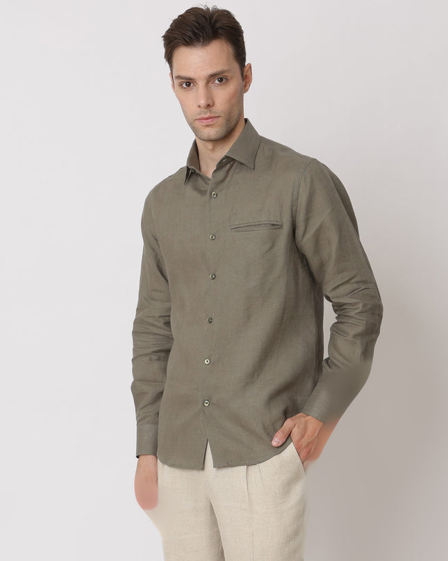 Olive Green Premium Pure Linen Shirt Classic Fit, Made in UAE-D22010