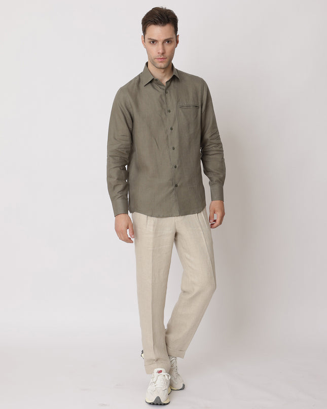 Olive Green Premium Pure Linen Shirt Classic Fit, Made in UAE-D22010
