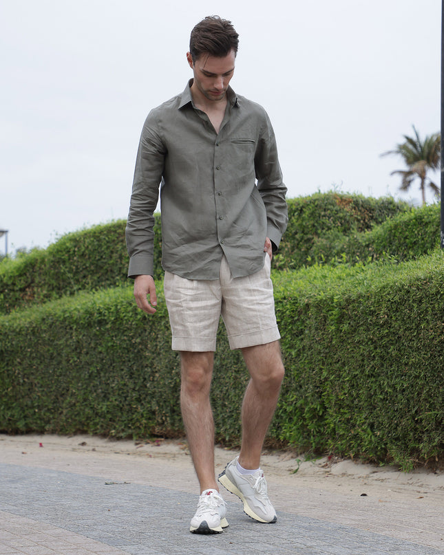 Olive Green Premium Pure Linen Shirt Classic Fit, Made in UAE-D22010