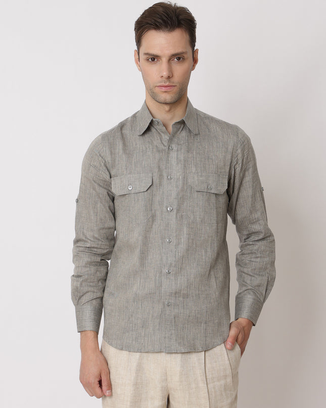 Moss Grey Premium Pure Linen Shirt Classic Fit, Made in UAE-D22011