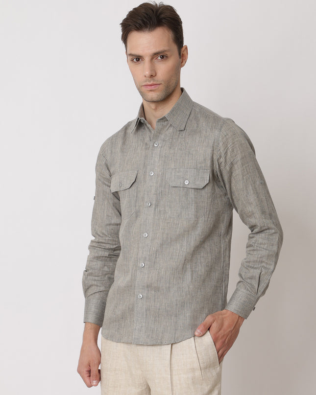 Moss Grey Premium Pure Linen Shirt Classic Fit, Made in UAE-D22011