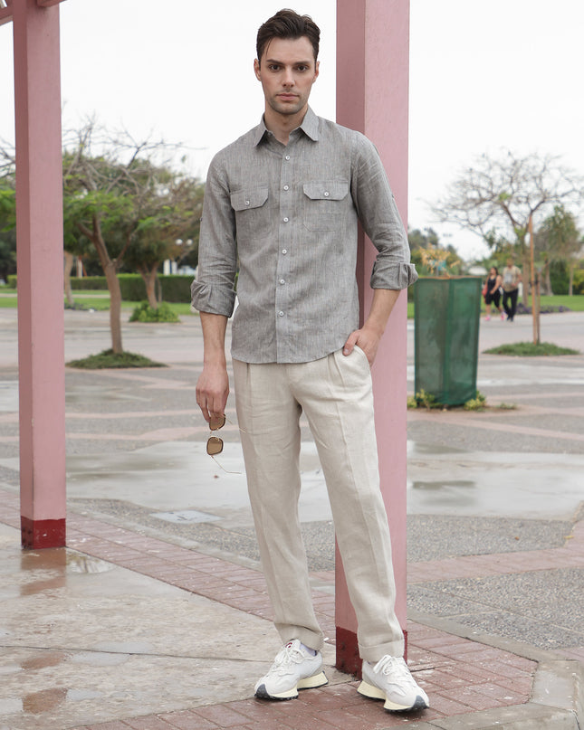 Moss Grey Premium Pure Linen Shirt Classic Fit, Made in UAE-D22011