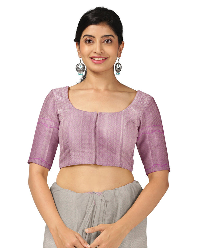 ساري كانجيفارام من الحرير الخالص بلون اللافندر والفضي، مزين بزخارف فنية منسوجة يدويًا، بطول 5.5 متر مع بلوزة، من أصل هندي - D22669