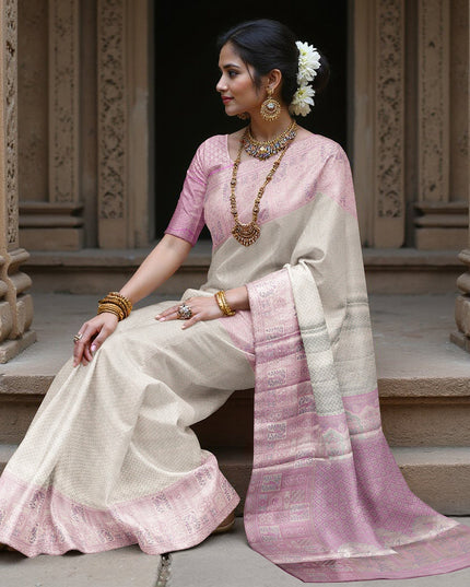 ساري كانجيفارام من الحرير الخالص بلون اللافندر والفضي، مزين بزخارف فنية منسوجة يدويًا، بطول 5.5 متر مع بلوزة، من أصل هندي - D22669