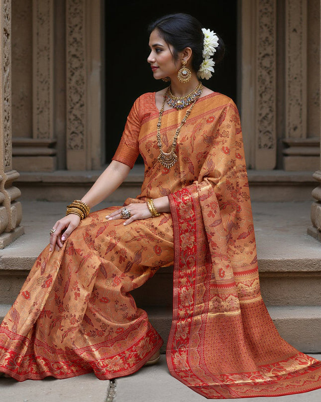 Copper and Red Pure Tissue Silk Kanjeevaram Saree with Intricate Handwoven Floral Motifs, 5.5 Meters with Blouse Piece, Originating from India-D22670