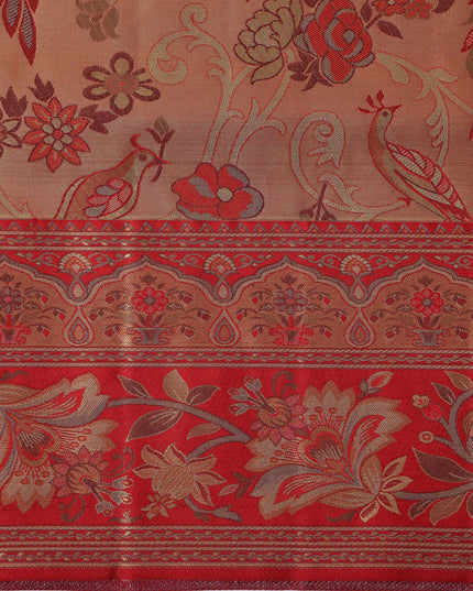 ساري كانجيفارام من الحرير الخالص باللونين النحاسي والأحمر، مزين بزخارف نباتية معقدة منسوجة يدويًا، بطول 5.5 متر مع قطعة بلوزة، من أصل هندي - D22670