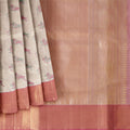 Ivory and Peach Pure Tissue Silk Kanjeevaram Saree with Delicate Handwoven Floral Motifs, 5.5 Meters with Blouse Piece, Originating from India-D22671