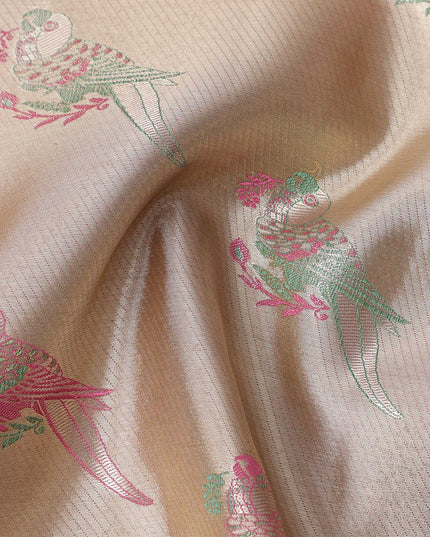 Ivory and Peach Pure Tissue Silk Kanjeevaram Saree with Delicate Handwoven Floral Motifs, 5.5 Meters with Blouse Piece, Originating from India-D22671