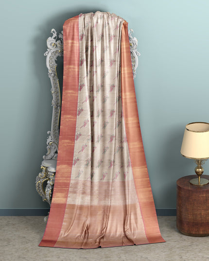 Ivory and Peach Pure Tissue Silk Kanjeevaram Saree with Delicate Handwoven Floral Motifs, 5.5 Meters with Blouse Piece, Originating from India-D22671