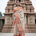 Ivory and Peach Pure Tissue Silk Kanjeevaram Saree with Delicate Handwoven Floral Motifs, 5.5 Meters with Blouse Piece, Originating from India-D22671