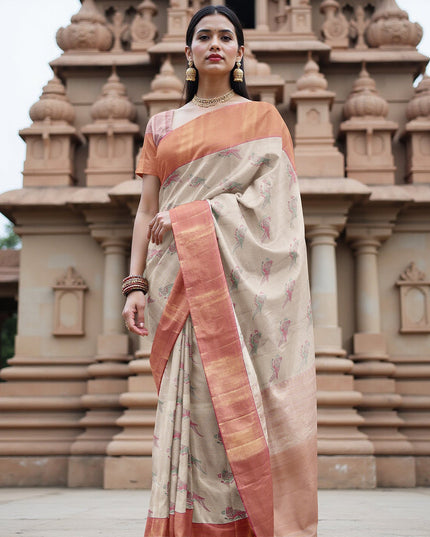 Ivory and Peach Pure Tissue Silk Kanjeevaram Saree with Delicate Handwoven Floral Motifs, 5.5 Meters with Blouse Piece, Originating from India-D22671