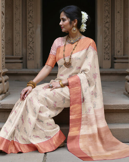 Ivory and Peach Pure Tissue Silk Kanjeevaram Saree with Delicate Handwoven Floral Motifs, 5.5 Meters with Blouse Piece, Originating from India-D22671