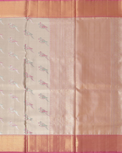 Ivory and Peach Pure Tissue Silk Kanjeevaram Saree with Delicate Handwoven Floral Motifs, 5.5 Meters with Blouse Piece, Originating from India-D22671