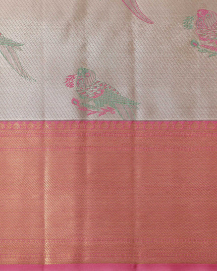 Ivory and Peach Pure Tissue Silk Kanjeevaram Saree with Delicate Handwoven Floral Motifs, 5.5 Meters with Blouse Piece, Originating from India-D22671
