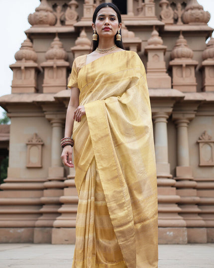 Golden Pure Tissue Silk Kanjeevaram Saree with Traditional Handwoven Textured Weave, 5.5 Meters with Blouse Piece, Originating from India-D22672