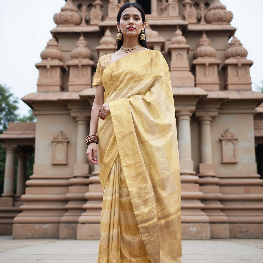 Golden Pure Tissue Silk Kanjeevaram Saree with Traditional Handwoven Textured Weave, 5.5 Meters with Blouse Piece, Originating from India-D22672