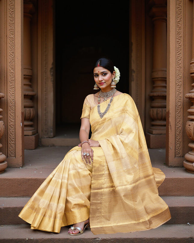 ساري كانجيفارام من الحرير الخالص الذهبي بنسيج يدوي تقليدي، بطول 5.5 متر مع قطعة بلوزة، من أصل هندي - D22672