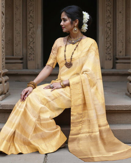 Golden Pure Tissue Silk Kanjeevaram Saree with Traditional Handwoven Textured Weave, 5.5 Meters with Blouse Piece, Originating from India-D22672