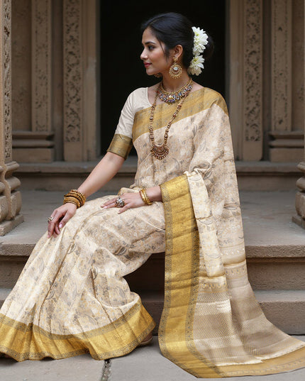 ساري كانجيفارام من الحرير الخالص باللونين العاجي والذهبي، مزين بنقوش زهرية وهندسية منسوجة يدويًا، بطول 5.5 متر مع بلوزة، من أصل هندي - D22674