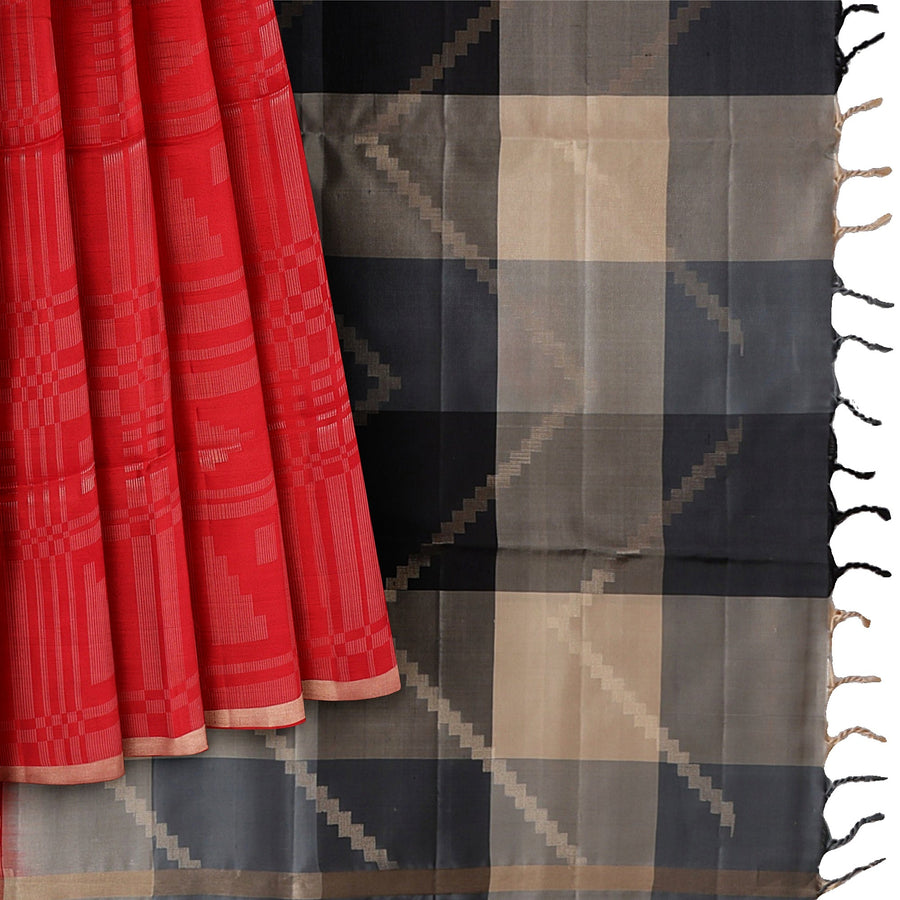 ساري حرير ناعم أحمر وأسود بنسيج هندسي ونقشة بالو ثنائية اللون، بطول 5.5 متر مع قطعة بلوزة، من أصل هندي - D22675