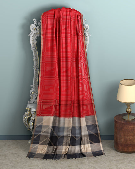 ساري حرير ناعم أحمر وأسود بنسيج هندسي ونقشة بالو ثنائية اللون، بطول 5.5 متر مع قطعة بلوزة، من أصل هندي - D22675