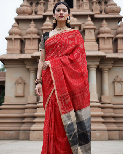 ساري حرير ناعم أحمر وأسود بنسيج هندسي ونقشة بالو ثنائية اللون، بطول 5.5 متر مع قطعة بلوزة، من أصل هندي - D22675