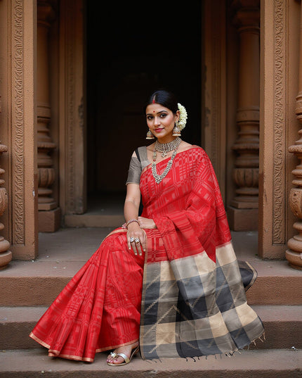 ساري حرير ناعم أحمر وأسود بنسيج هندسي ونقشة بالو ثنائية اللون، بطول 5.5 متر مع قطعة بلوزة، من أصل هندي - D22675