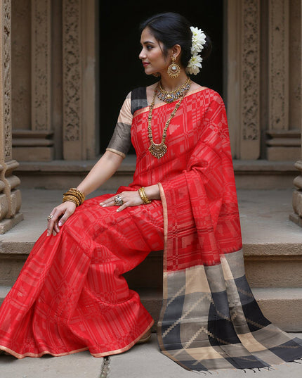 ساري حرير ناعم أحمر وأسود بنسيج هندسي ونقشة بالو ثنائية اللون، بطول 5.5 متر مع قطعة بلوزة، من أصل هندي - D22675