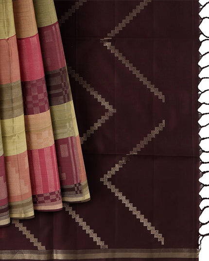 Multicolor Checked Pure Soft Silk Saree with Maroon Pallu and Geometric Weave, 5.5 Meters with Blouse Piece, Originating from India-D22676