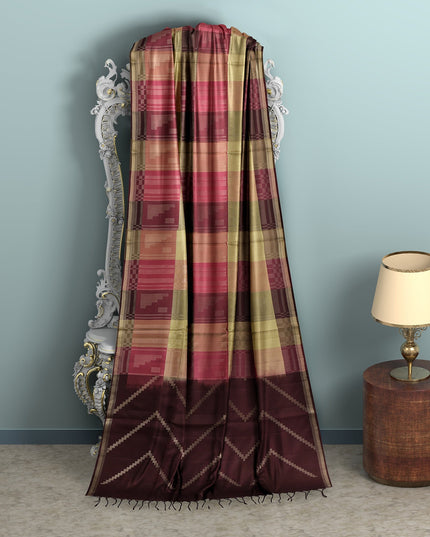 Multicolor Checked Pure Soft Silk Saree with Maroon Pallu and Geometric Weave, 5.5 Meters with Blouse Piece, Originating from India-D22676