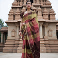 Multicolor Checked Pure Soft Silk Saree with Maroon Pallu and Geometric Weave, 5.5 Meters with Blouse Piece, Originating from India-D22676