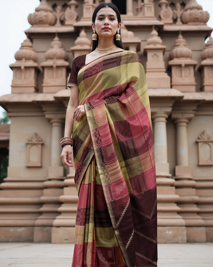 Multicolor Checked Pure Soft Silk Saree with Maroon Pallu and Geometric Weave, 5.5 Meters with Blouse Piece, Originating from India-D22676