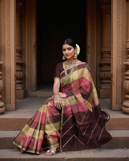 Multicolor Checked Pure Soft Silk Saree with Maroon Pallu and Geometric Weave, 5.5 Meters with Blouse Piece, Originating from India-D22676