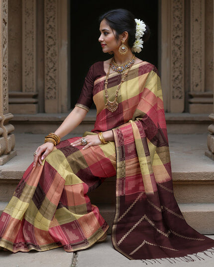 Multicolor Checked Pure Soft Silk Saree with Maroon Pallu and Geometric Weave, 5.5 Meters with Blouse Piece, Originating from India-D22676
