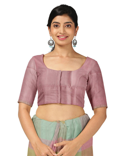 ساري حرير ناعم نقي بمربعات باستيل مع نقشة بالو وردية ونسيج هندسي رقيق، بطول 5.5 متر مع قطعة بلوزة، من أصل هندي - D22677