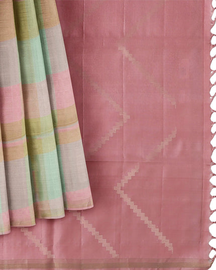 ساري حرير ناعم نقي بمربعات باستيل مع نقشة بالو وردية ونسيج هندسي رقيق، بطول 5.5 متر مع قطعة بلوزة، من أصل هندي - D22677