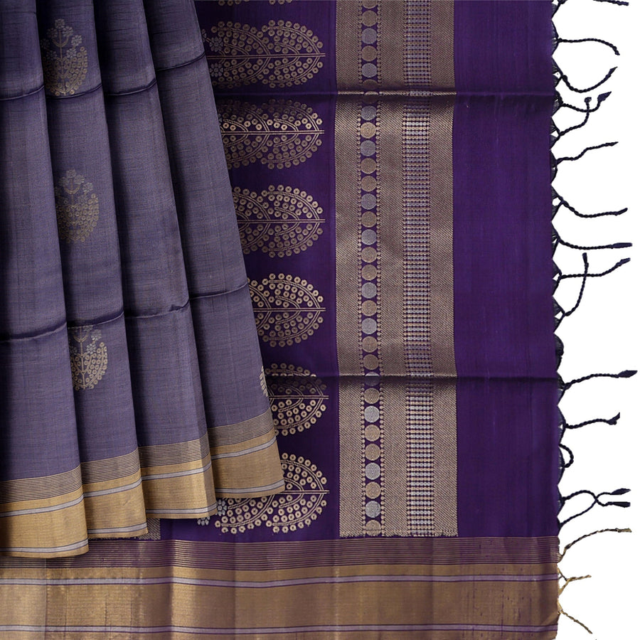 ساري بوتا زهري من الحرير الناعم بلون بنفسجي ذهبي مع حافة متباينة، بطول 5.5 متر مع قطعة بلوزة، من أصل هندي - D22682